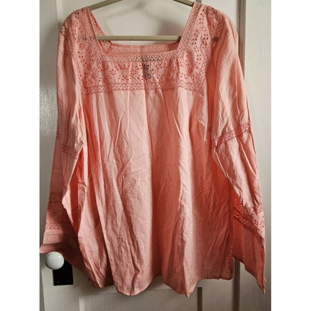 WOMEN VENEZIA PINK bell SLEEVE LACE CROCHET TRIM 100% Cotton BLOUSE SZ 18/20